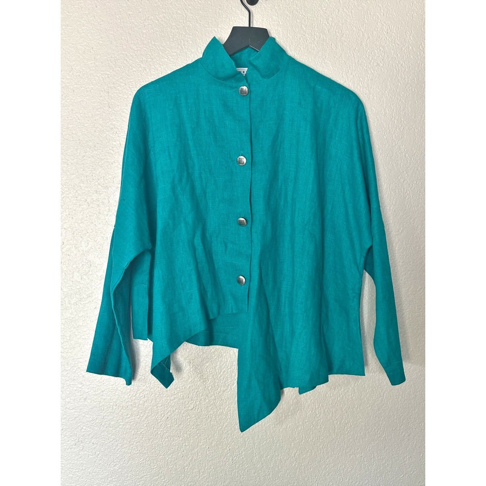 Itemz Chris Baumgartner Teal Linen Jacket Asymmetrical Lagenlook Art to Wear OS - Picture 1 of 8